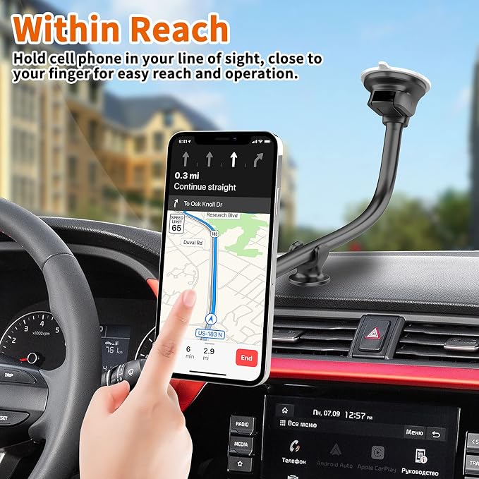 Magnetic Phone Car Mount 14-Inch Gooseneck Long Arm Extension, Universal Windshield Dashboard Industrial-Strength Suction Cup Car Phone Holder for All Cell Phones (Magnetic Phone Mount)