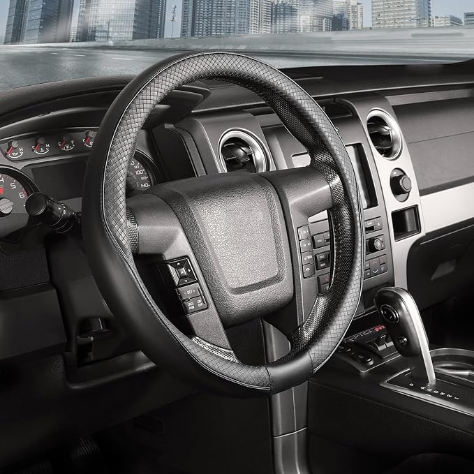 Steering Wheel Cover 15.5-16 inch (39.5-41 cm) Large Size, Microfiber Leather, Non-Slip Comfortable Grip, Fits Cars Trucks SUVs F-150 Tundra Range Rover, Black