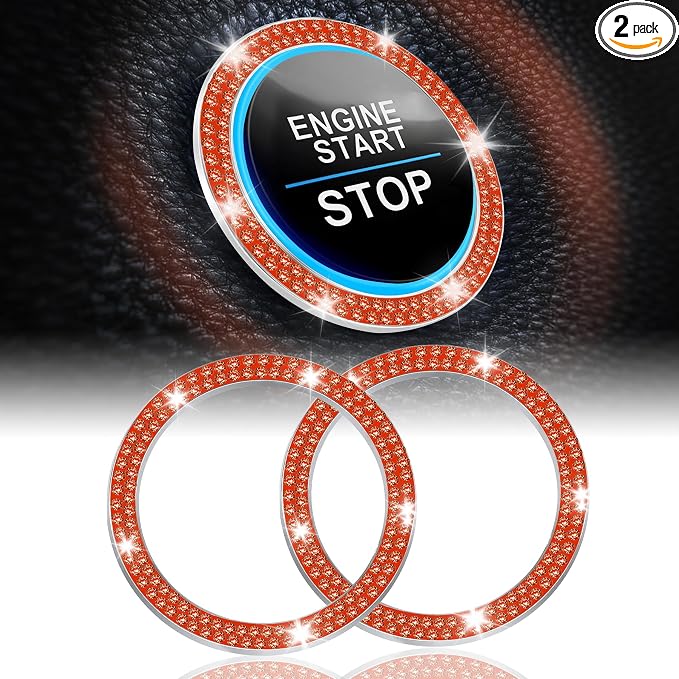 2 PCS Crystal Double Rhinestone Car Engine Start Stop Decoration Ring, Bling Car Interior Accessories for Women, Push to Start Button Cover Sticker, Automotive Decals, Reddish Orange
