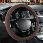 Brown Suede D Shaped Steering Wheel Cover, Breathable Non-Slip Sweat-Proof Wear-Resistant No Pilling, Warm in Winter and Cool in Summer, Universal 15 inch
