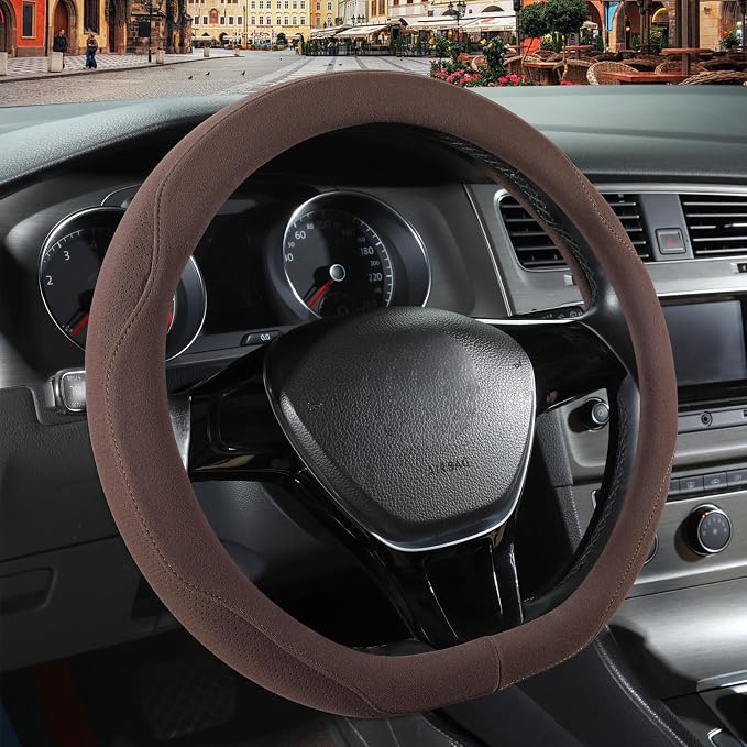 Brown Suede D Shaped Steering Wheel Cover, Breathable Non-Slip Sweat-Proof Wear-Resistant No Pilling, Warm in Winter and Cool in Summer, Universal 15 inch