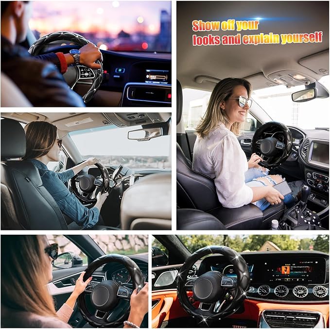 Black Steering Wheel Cover 2026, Auto Cute Girly Diamond Bling Comfort Leather Car Interior Accessories Protector Sparkly Automotive Decoration for Women Men
