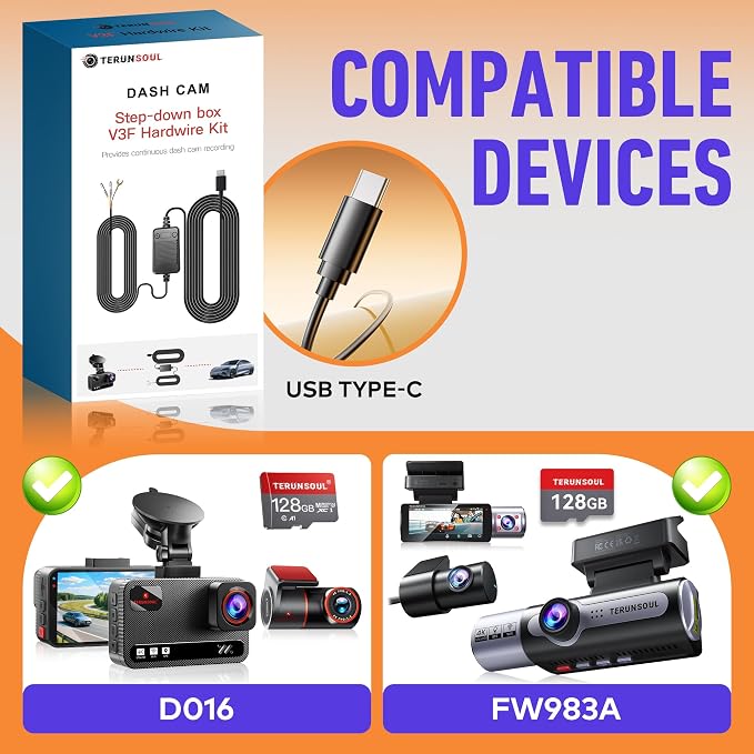 Dashcam Hardwiring Kit, Includes Two Sets of Four Fuse adapters and a USB-C Power Connector, Supporting 24-Hour Parking Monitoring and Low-Voltage Protection