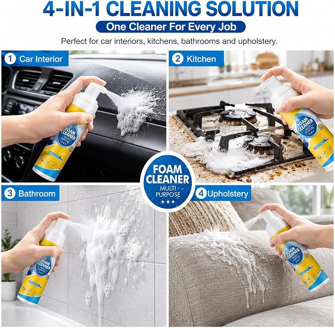 【2Pack】Foam Cleaner,4-in-1 Multi-Enzyme FoamCleaner,New Foam No-Rinse Cleaner,Multifunctional Foam-Cleaner Deep Cleaning Spray for Car Interior Leather Car Seat Cleaner,Kitchen Grease,Sofa Upholstery