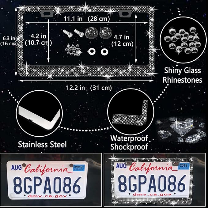 27 PCs Black Bling Car Accessories Set for Women, Steering Wheel Covers Universal Fit 15 Inch, Bling License Plate Frame, Bling Phone Holder, Bling Car Coasters (Black Diamond)