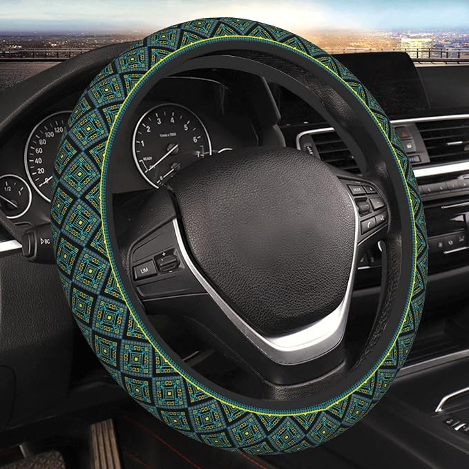 Geometric Steering Wheel Cover Car Elastic Steering Wheel Protector | Bohemian Style Blue Gold Anti-Slip Car Accessories Interior for Women Men Universal 15 Inch