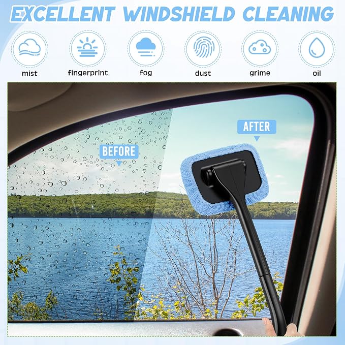 8 Pcs Car Windshield Cleaner Tool Kit with Removable Handle, Microfiber Towel Pads, Brush, Empty Spray Bottle for Auto Glass Wiper Suvs Rvs & Home Windows(Light Blue)