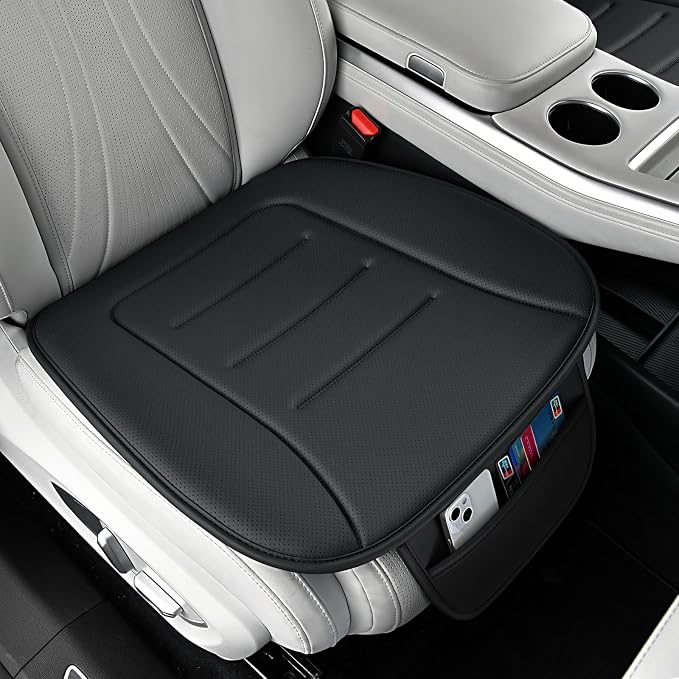 Car Seat Cushion, Comfort Memory Foam Car Cushions for Driving, Breathable Leather Surface with Anti Slip Rubber Bottom, Seat Cushion for Car and Office Chair (1 Pack, Black)