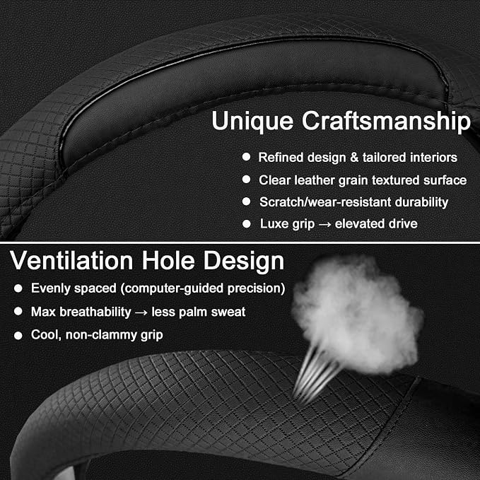 Auto Car Steering Wheel Cover for Hyundai,Tucson,Sonata,Elantra,Santa Fe,Genesis,Sonata Hybrid,Azera,Venue,Kona, 14.5-15 inches(Black-Standard Size)
