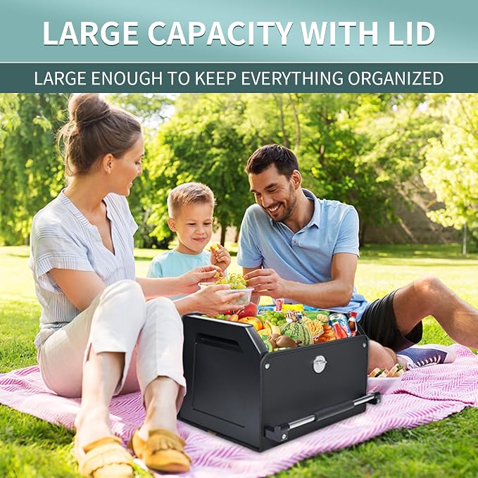 Car Trunk Organizer, Leather Trunk Organizer with Lid and Push-pull Handle Car Storage Box for SUV, Minivan, Sedan (Black, 16.9 x 11.4 x 12.2in)