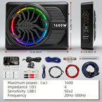 Upgrade1600W Under Seat Subwoofer | 10" Slim Car Sub with Built-in Amp, RGB LED Lights, APP Control | Independent Bass Knob, LPF, Gain, Bass Boost | High Output Deep Bass Distortion-Free Audio