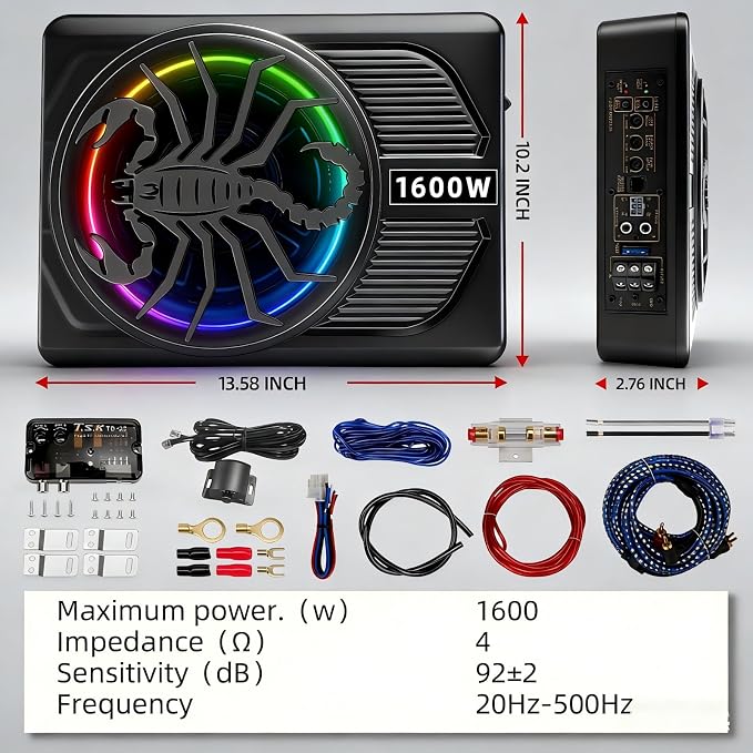 Upgrade1600W Under Seat Subwoofer | 10" Slim Car Sub with Built-in Amp, RGB LED Lights, APP Control | Independent Bass Knob, LPF, Gain, Bass Boost | High Output Deep Bass Distortion-Free Audio