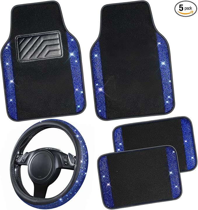 Bling Diamond Leather Steering Wheel Cover 14.5in-15in Floor Mats Shining Rhinestone Carpet Sparkly Glitter Crystal Anti-Slip Pad Fit Automotive SUV Pickup Truck Girl Women, 5pcs Black Blue