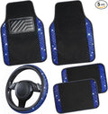 Bling Diamond Leather Steering Wheel Cover 14.5in-15in Floor Mats Shining Rhinestone Carpet Sparkly Glitter Crystal Anti-Slip Pad Fit Automotive SUV Pickup Truck Girl Women, 5pcs Black Blue