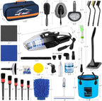 41Pcs Car Cleaning Wash Kit Interior Detailing Cleaner Kit with High Power Handheld Vacuum, Collapsible Bucket, Windshield Tool, Snow Shovel, Tire Brush, Complete Car Care Tools, Blue