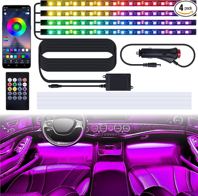 72 LED Lights for Car, 12V LED Strip Lights with Cigarette Lighter Adapter, App & Remote Control Music Sync Color Change, Interior Car Lights for Car Decor, Car Accessories for Women Men