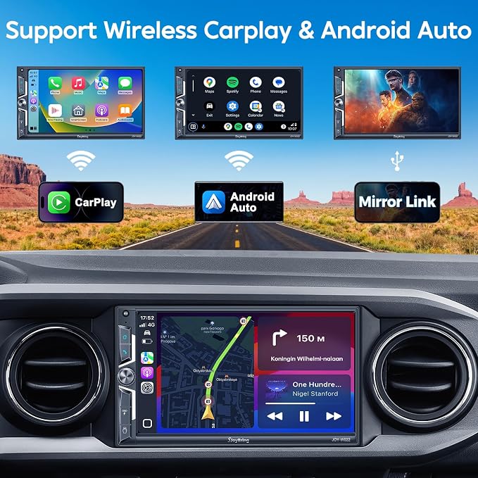 7" QLED Double Din Car Stereo - Wireless Apple CarPlay & Android Auto, 240W 4.2CHN, SWC, Bluetooth, FM/AM Car Radio, 2 Subwoofers Outputs, Backup Camera