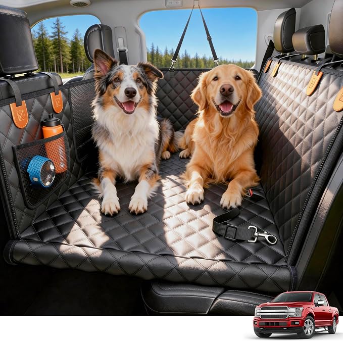 Dog Truck Seat Cover for Back Seat, 450lb Support Hard Bottom Hammock for 1–4 Large Dogs, Waterproof & Anti-Scratch Backseat Protector, Car Bed Extender for Truck & SUV, Size-XL, Black+Orange