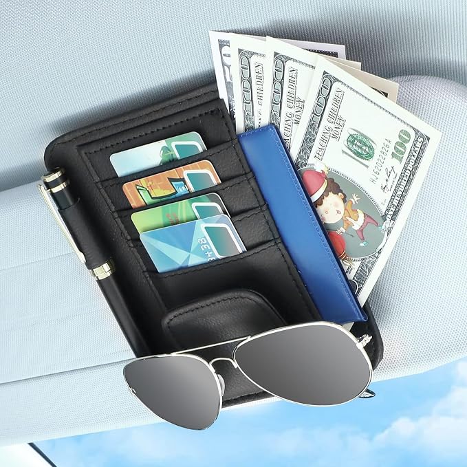 2 Packs Car Sun Visor Organizer, Sunglasses Holders for Car Sun Visor PU Auto Interior Accessories Storage Travel Document Holder with Multi Pocket (6.1 x 4.93 Inches, Black)