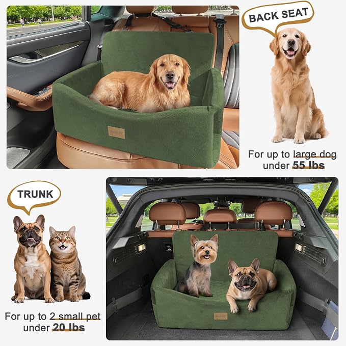 Dog Car Seat for Large Medium Sized Dogs Under 55 lbs, Dog Booster Seat for 2 Small Dogs with Detachable Washable Cover, Memory Foam Pet Car Seat with 2 Safety Belts and Storage Pockets
