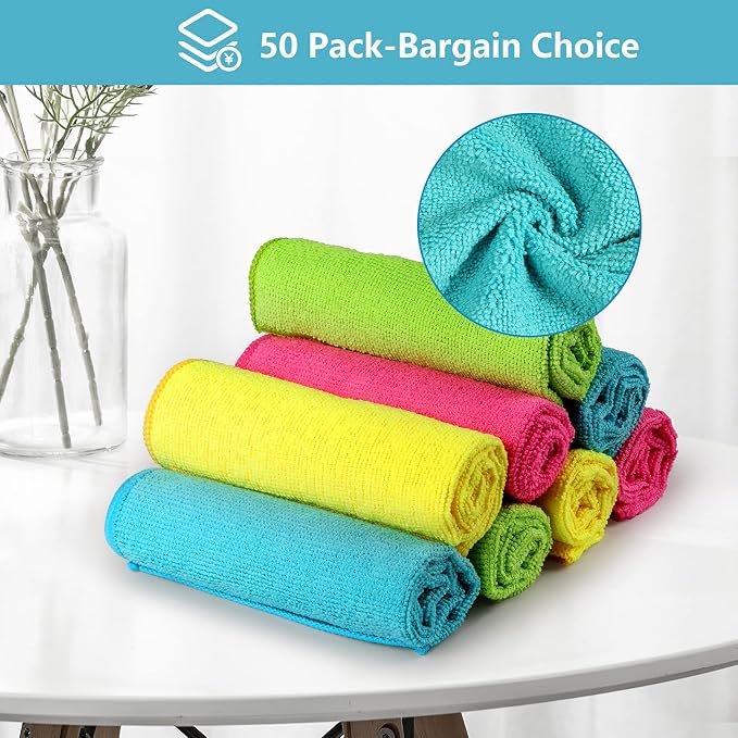 Microfiber Cleaning Cloth, 50 Pack Cleaning Rags, Cleaning Towels with 4 Color Assorted, 11.5"X11.5"(Green/Blue/Yellow/Pink)