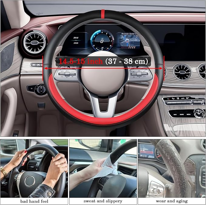 Black Red Car Steering Wheel Cover, Nappa Leather, Bottom Color Blocking, Universal 14.5-15 Inch Leather Anti-Slip Breathable Auto Steering Wheel Covers for Men Women
