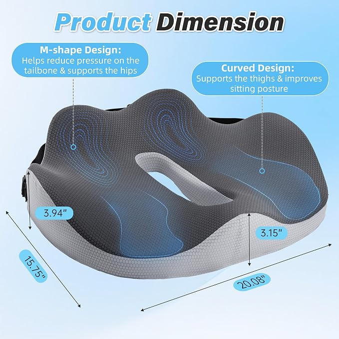 X-Large Seat Cushion for Truck & Car Drivers, Memory Foam Seat Cushion for Long Driving, Sciatica & Tailbone Pain Relief, Ergonomic Back Support Cushion with Non-Slip Bottom & Washable Cover