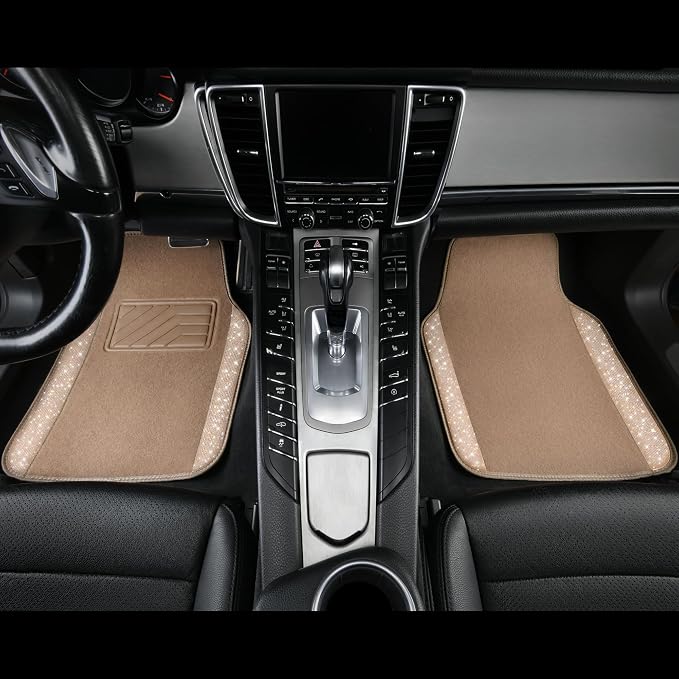 Bling Car Mats Shining Diamond Carpet Crystal Rhinestones Sparkly Glitter Floor Mats with Anti-Slip PVC Heel Pad Universal Fit for Automotive SUV, Sedan, Car, Van, 4pcs for Girl Women, Beige
