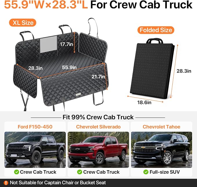 Doglike Dog Truck Seat Cover for Back Seat [2026 Military-Grade Protection], Hard Bottom Dog Hammock for Car, Waterproof Pet Bed Extender for Large Dogs, with Detachable Mat, XL for Crew Cab Truck/SUV
