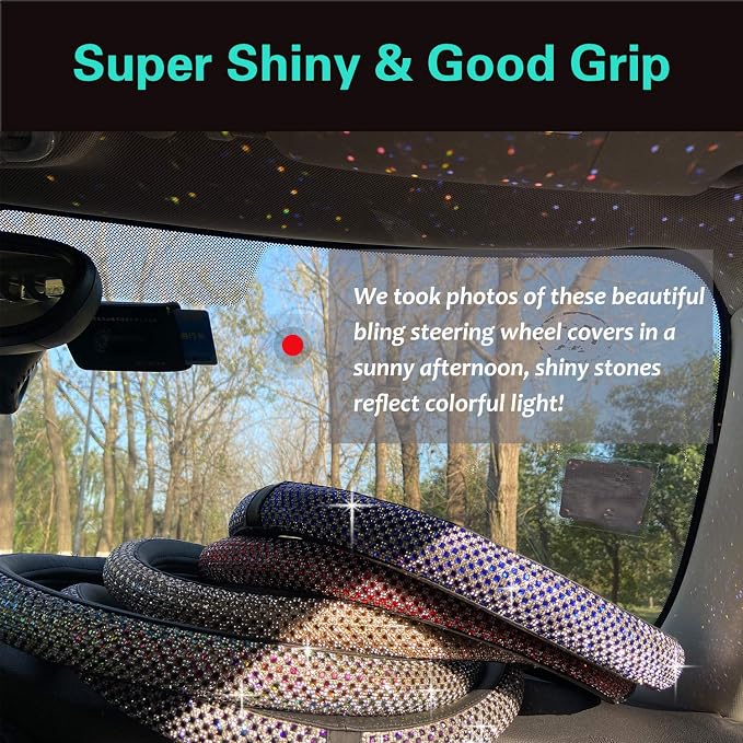 Large Size Bling Comfy Steering Wheel Cover with Jumbo Crystal Rhinestones, Anti-Slip Diamond Leather, 15.5-15.75 Inch (Purple)