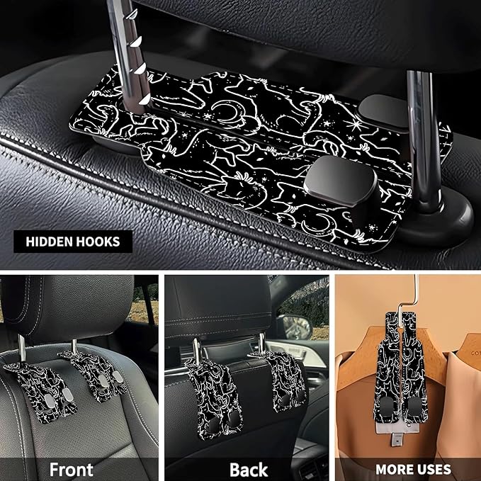 Car Seat Headrest Hook, Universal Leather Cute Hanger Holder Hook, Storage Organizer Interior Accessories for Purse Bags Handbag Black White Cats