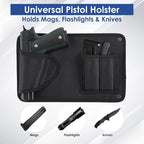 Upgraded Gun Holster with Back Hook, Strong Adhesive Strip, Two Way Mount, Universal Pistol & Mag Holster for Most Pistols, Foldable Gun Holsters with Snap Button, for Daily Storage or Outside Carry
