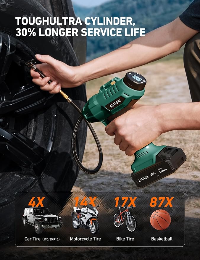 C2 Cordless Tire Inflator Air Compressor 20V Rechargeable Battery Powered 160PSI Portable Air Pump with 12V Car Power Adapter Digital Pressure Gauge for Cars Motorcycles Green