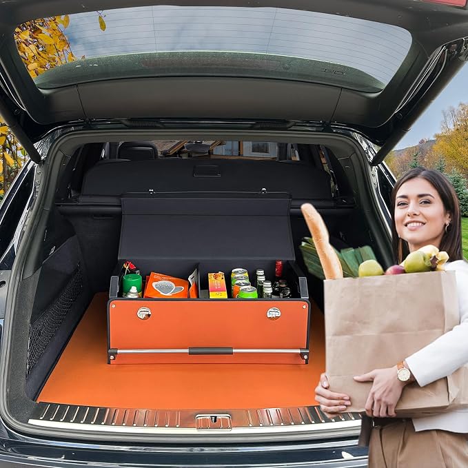 Car Trunk Organizer for SUV, Collapsible Leather Car Storage Trunk Organizer with Lid and Sturdy Handle Car Trunk Leather Storage Box (Orange, 27.1 x 11.4 x 12.2in)