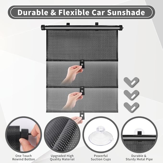 Car Window Shade for Side Windows, 2 Pack Sun Shade Retractable for Car Blocks Heat and UV Rays Glare Protection Roller Sunshade Visor for Baby, Kids, Pets, Passengers