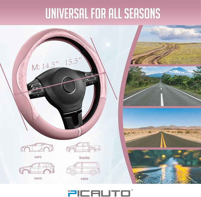 Steering Wheel Cover, Pink Patterned Leather Patchwork Design, Universal Fit 14.5"–15.5", Anti-Slip, Odor-Free, Soft PU Grain Leather, Durable Grip Car Accessory for Girls & Women
