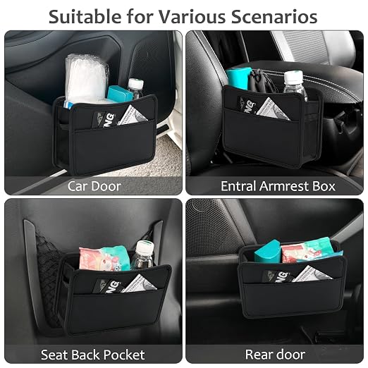 Collapsible Car Trash Can, Leather Vehicle Garbage Organizer Bin Holder with One Roll Trash Bag, Foldable Hanging Mini Cars Storage Bag Container for Auto, SUV (Black)