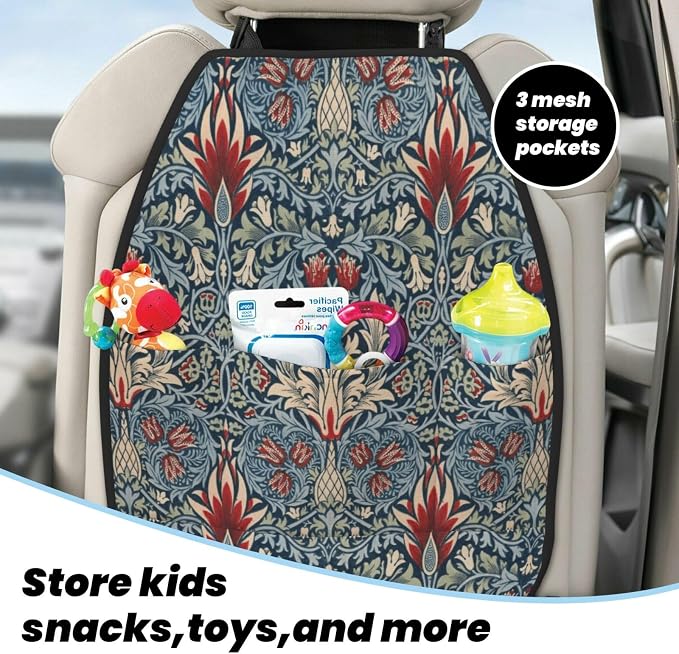 Snakeshead William Morris Textile Pattern Car Seat Back Kick Protectors Kick Mats With Storage Pockets For Vehicles To Protect From Dirt Mud Scratches 2 Pack