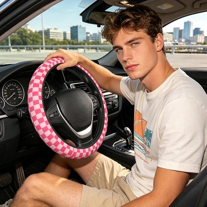 Hot Pink Checkered Steering Wheel Cover for Women, Steering Wheel Covers with Anti-Slip Lining, Universal 14.5-15 inchs Car Interior Accessories with 2PCS Car Coasters Suitable for Men and Women