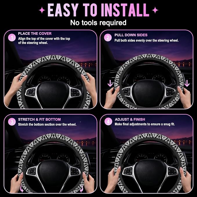 Black and White Damask Steering Wheel Cover for Women Men Neoprene Breathable Wheel Cover Protector Anti-Slip Car Accessories Universal 15 Inch Fit for Cars Trucks Vehicles