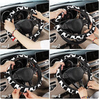 Cow Print Steering Wheel Cover with 2 PCS Cup Coasters for Car,Black and White Cow Print 15 Inch Non-Slip Neoprene Steering Wheel Covers,Breathable Car Accessories Fit for Men Women