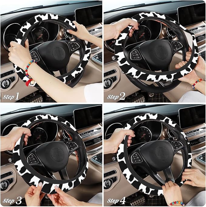 Cow Print Steering Wheel Cover with 2 PCS Cup Coasters for Car,Black and White Cow Print 15 Inch Non-Slip Neoprene Steering Wheel Covers,Breathable Car Accessories Fit for Men Women