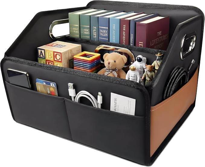 Car Organizer - 2025 Upgraded Leather Car Storage Organizer for Front Back Seat or Floor with 3 Metal Handles 6 Apartments, Multipurpose Car Organizers and Storage Black.