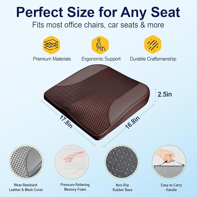 Car Seat Cushion – Memory Foam Pad for Driving Comfort – Boosts Height and Relieves Coccyx & Lower Back Pain – Car, Truck, Office Chair (Leather & 4D Mesh Brown)