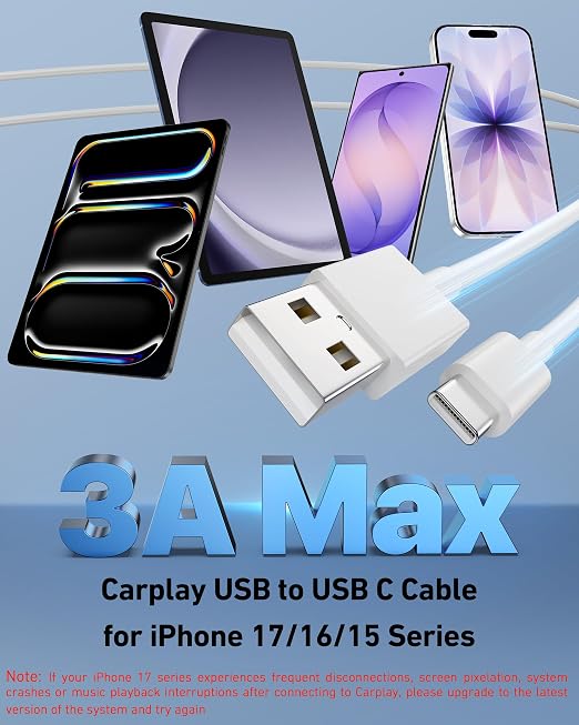 Car Carplay Cable for iPhone 17/17 Pro/Air/17e/16/15 Pro Max/Plus Cable, 2Pack USB A to USB C for CarPlay USBC Cord, iPad, Galaxy, Pixel, Android Accessories Charging Wire Type-C Car Charger Cord 3FT