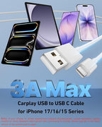 Car Carplay Cable for iPhone 17/17 Pro/Air/17e/16/15 Pro Max/Plus Cable, 2Pack USB A to USB C for CarPlay USBC Cord, iPad, Galaxy, Pixel, Android Accessories Charging Wire Type-C Car Charger Cord 3FT