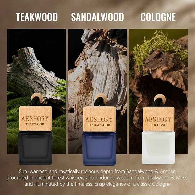 Aeshory 3 Pack Car Air Freshener Hanging, Wood Fragrance with Sandalwood, Teakwood & Cologne, Long Lasting Scent for 60 Days, Men Car Diffuser, 8ML/0.27 FL OZ
