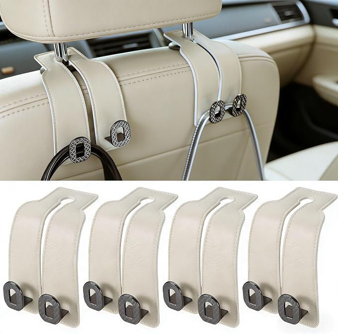 Car Headrest Hooks Universal Car Purse Hook Premium Leather and Alloy Twin Hook Car Seat Back Storage Hanger Hook for Purse Bags Cloth Drink Durable Holder Car Accessories (BH09-White-Black-4 Pcs)