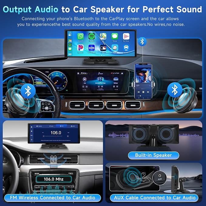 10.26" Touchscreen Wireless Carplay Portable Car Stereo Android Auto, Car Play Navigation, Voice Control, Bluetooth/AUX/FM, Car Radio Receiver