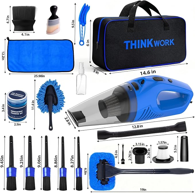 Car Cleaning Kit Car Detailing Kit,Car Cleaning Kit Interior Cleaner with High Power Blue Handheld Vacuum Cleaner,Brush Sets,Windshield Cleaner and Storage Bag,Car Accessories,Car Gift Set